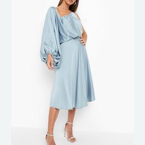 Boohoo Satin Sleeve Midi Skater Dress - Size 10